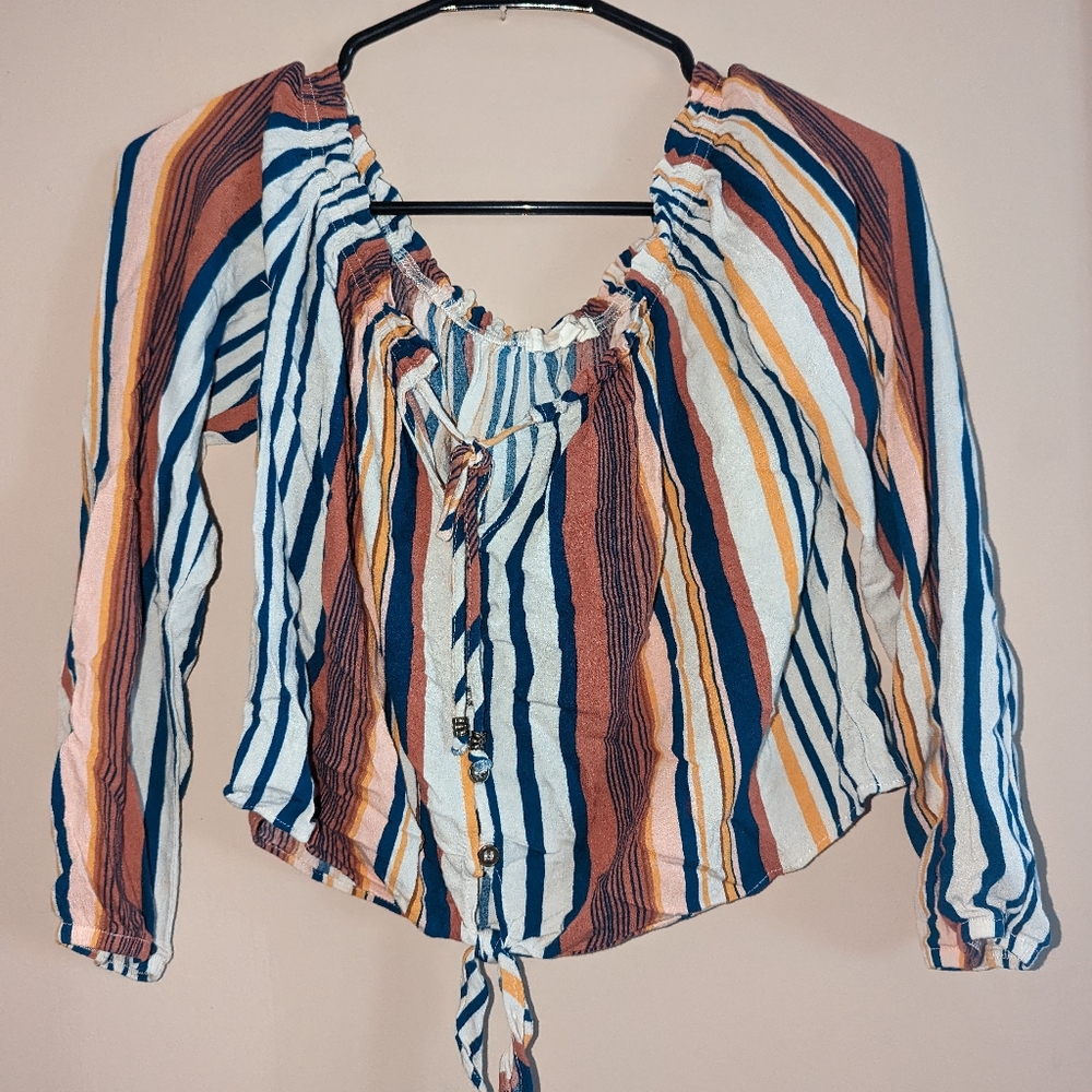Button down off shoulder striped top